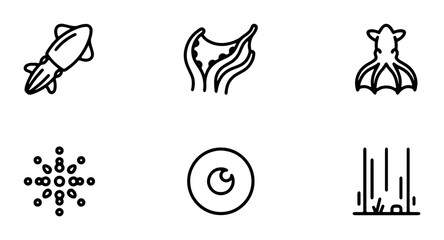 Marine Life Icons Set: Squid, Octopus, Seaweed, Bubbles, Eye, Waterfall Vector Graphics © Rashed