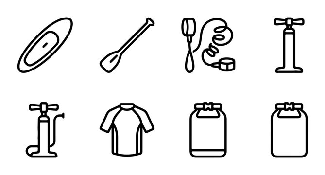 Stand Up Paddleboard Gear Icons, SUP Accessories Set, Water Sports Equipment Vector Icons