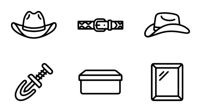 Western Cowboy Hat and Belt Icons, Vector Set, Rodeo and Country Lifestyle Graphics