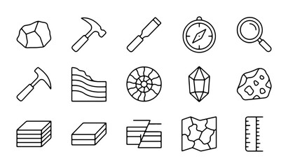 Geology Icons Set: Rock, Hammer, Compass, Magnifying Glass, Crystals, Fossils, Maps © Tanvir