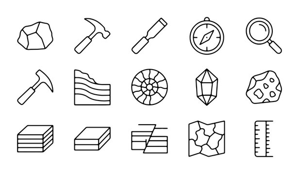 Geology Icons Set: Rock, Hammer, Compass, Magnifying Glass, Crystals, Fossils, Maps