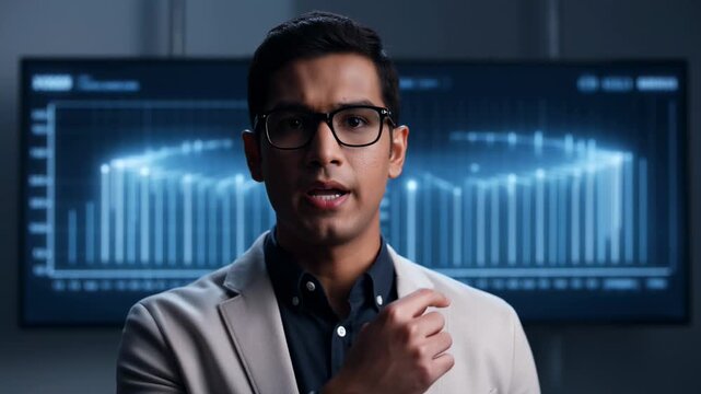 Male data scientist presenting analytics with digital bar charts display