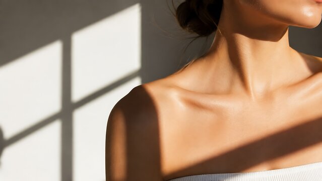 Closeup of a womans shoulder and neck with natural sunlight and window frame shadows