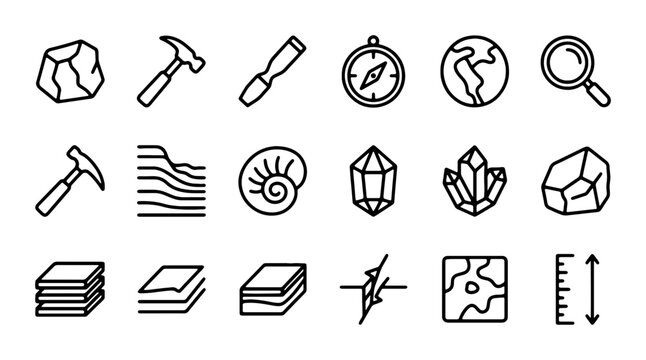 Geology Icons Set: Rocks, Fossils, Tools, Earth, Crystals, Maps, Measurement