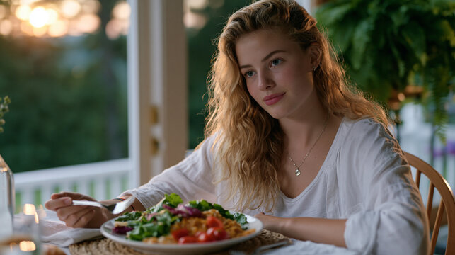 A candid unposed moment of a teenager pausing mid-meal and setting down a fork with a thoughtful expression, intuitive eating hunger awareness practice at a family dinner table, summer evening light