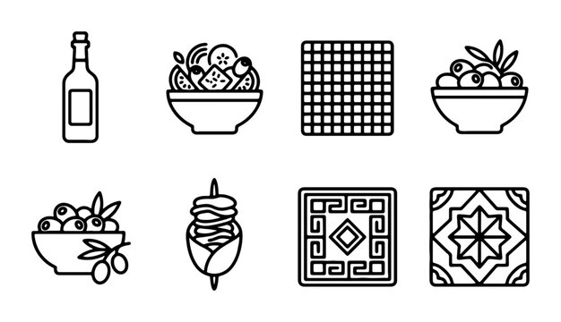 Greek Food Icons Set: Olives, Gyro, Wine, Fruit Bowl, Tiles, Vector Graphics