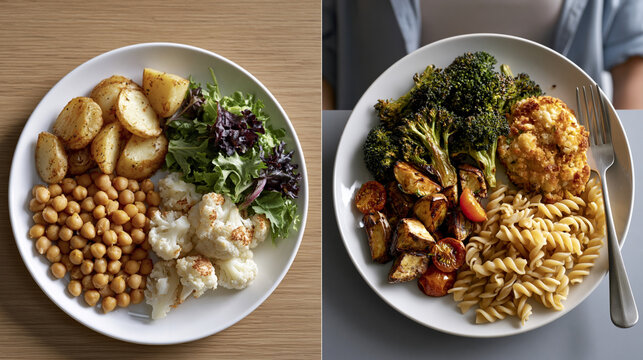 Before and after concept of two identical plates photographed on a clean surface, first showing a highly processed meal and second showing a gut-healthy fiber-rich equivalent with legumes, roasted v