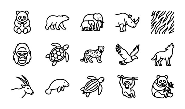 Cute Animal Icons Set, Vector Graphics Collection for Wildlife and Zoo Themes