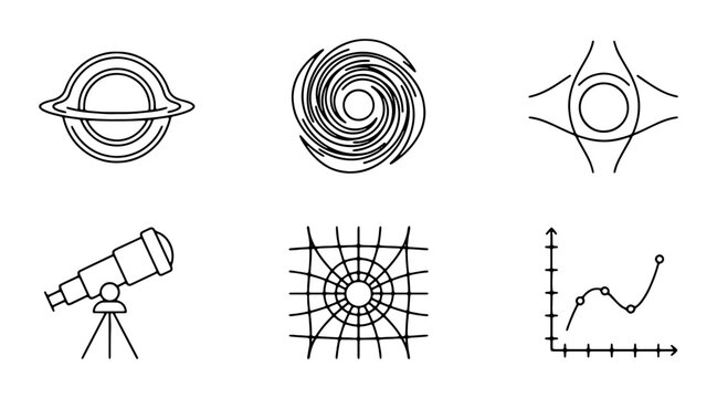 Space Icons Set: Black Hole, Galaxy, Telescope, Graph, Astronomy, Science Vector Graphics