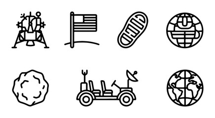 Space Exploration Icons: Lunar Lander, Moon Rover, Astronaut Footprint, Earth, Flag, Asteroid © AbdullahAl