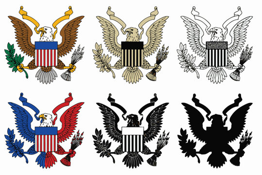 American bald eagle heraldic crest collection, 6 patriotic seal vector icons with shield and olive branch, vintage US national emblem set in various colors and silhouettes