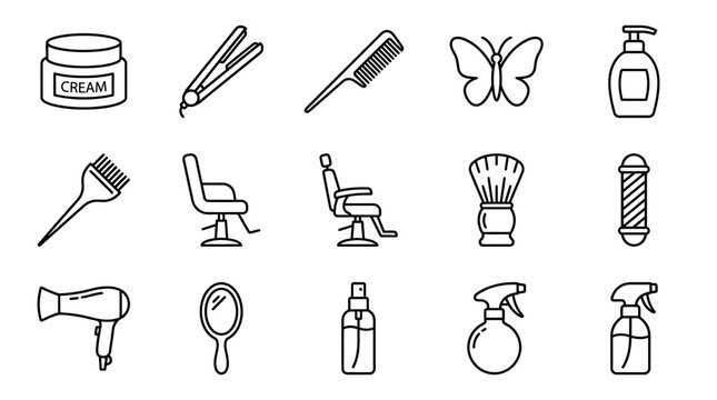 Hair care icons grid showing salon tools grooming products styling equipment beauty essentials for personal care design and professional representation