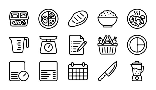 Food Icons Set, Meal Planning, Nutrition, Cooking, Diet, Vector Graphics Collection