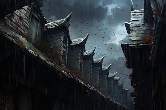 Stone gables and rooftops with a flock of birds flying under a dark stormy sky