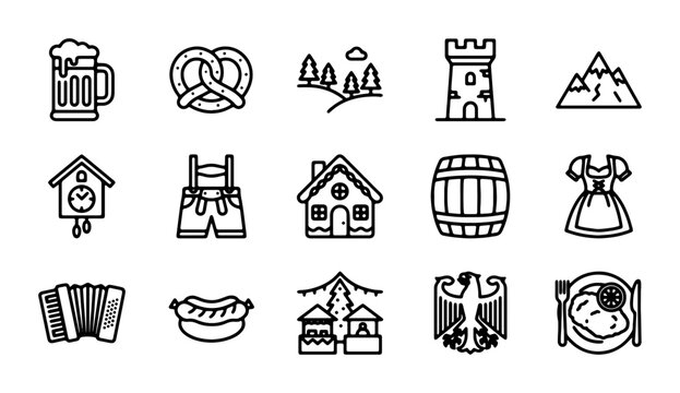 Oktoberfest Icons: Beer Mug, Pretzel, Cuckoo Clock, Lederhosen, Sausage, Bavarian Dress, Accordion, Barrel
