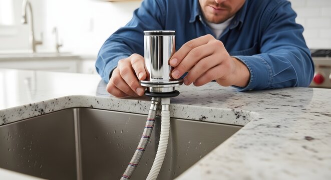 Man in blue shirt installing a kitchen sink drain assembly with two corrugated hoses in a modern kitchen with white background