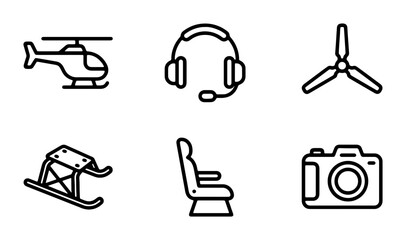 Transportation and Travel Icons: Helicopter, Sled, Airplane Propeller, Seat, Camera, Headphones © Nahid