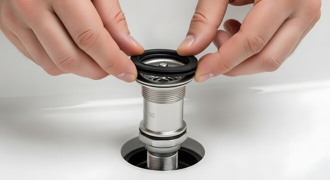 A person installing a black sink strainer on a shiny metal pipe in a white sink
