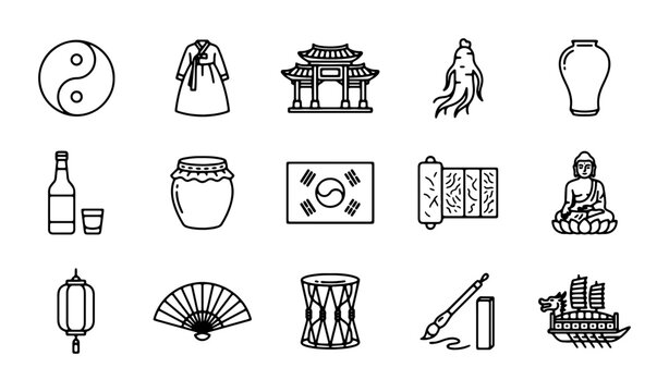 Korean Culture Icons Set, Traditional Symbols Vector Graphics, Asian Heritage Elements