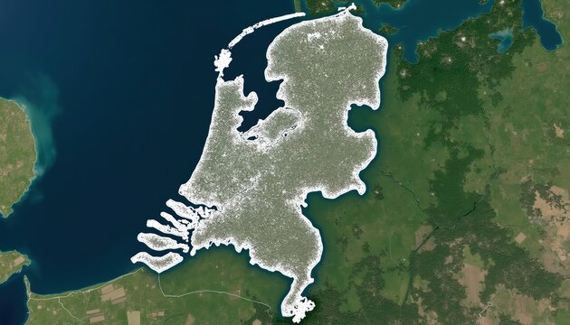 Satellite view shows Netherlands outline. Detailed map reveals country borders, land mass, and surrounding seascapes. Earth geography from above.