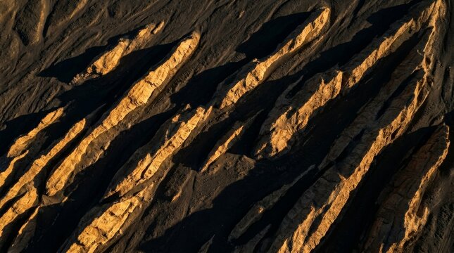 Aerial view of desert yardangs with dramatic geometric shadows at sunset