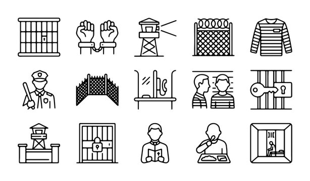 Prison Icons Set: Justice, Security, Law Enforcement, Crime, Incarceration, Court, Jail, Cell