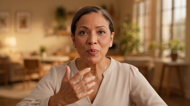 Mature woman speaking passionately in warm office setting