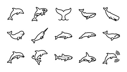 Whale and Dolphin Icons, Marine Mammal Vector Set, Ocean Wildlife Line Art Collection © Ashikur