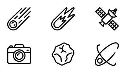 Space Icons: Meteorites, Satellite, Camera, Atom, Astronomy, Science Vector Set © Ashikur