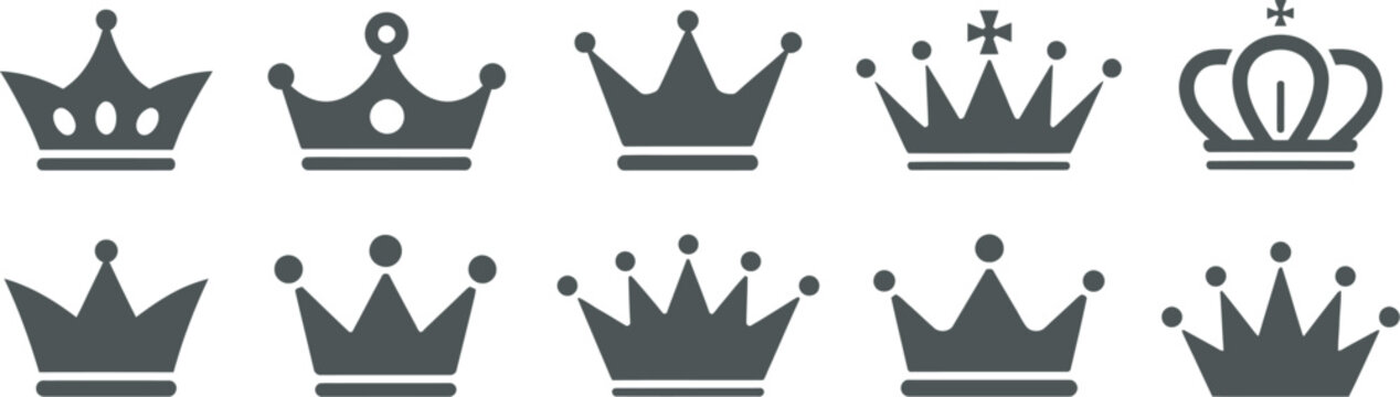 Royal crown icon king queen tiara symbols isolated vector set representing monarchy, luxury fashion, prestige awards and royal heritage visual concepts.