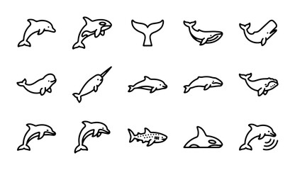 Ocean Marine Mammal Icons Set, Whale Dolphin Killer Whale Narwhal Vector Collection © Ashikur