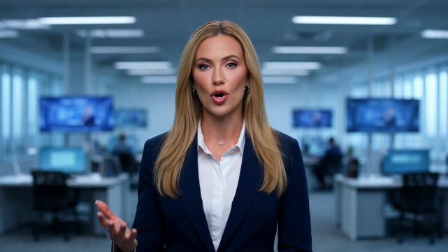 Professional woman gesturing in modern office environment with monitors