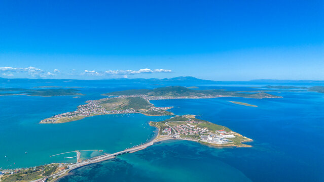 Panoramic Aerial Drone View of Cunda Island and Ayvalik Coastline with Bridges
