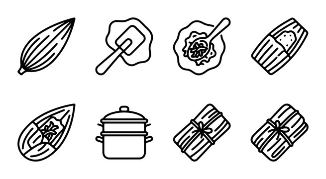 Food Icons: Tamales, Corn Husk Wraps, Steamer Pot, Ingredients, Cooking Process, Vector Set