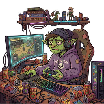 Exhausted green character gaming intensely on a messy desk, surrounded by empty cans and wrappers, depicting the demanding life of an avid virtual player