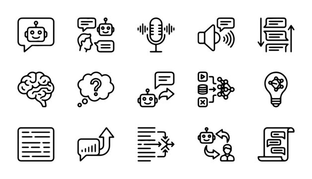 AI Chatbot Icons, Bot Conversation Graphics, Speech Bubble & Brain Symbols, Technology Vector Set