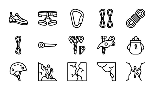 Climbing Gear Icons, Rock Climbing Equipment Set, Outdoor Adventure Vector Graphics, Sport Safety Tools