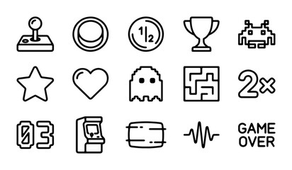Retro Gaming Icons Set: Joystick, Trophy, Ghost, Arcade Machine, Game Over Vector Graphics © Arman