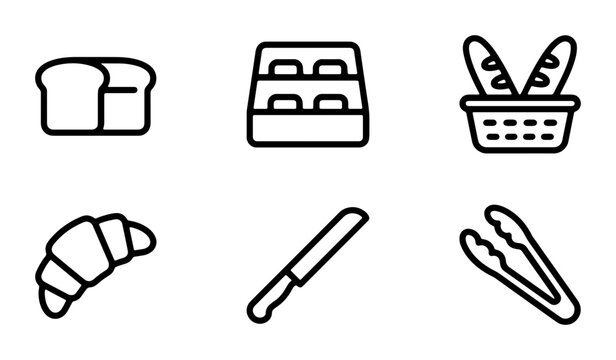 Bakery Icons, Bread, Croissant, Pastry Display, Tongs, Knife, Vector Set