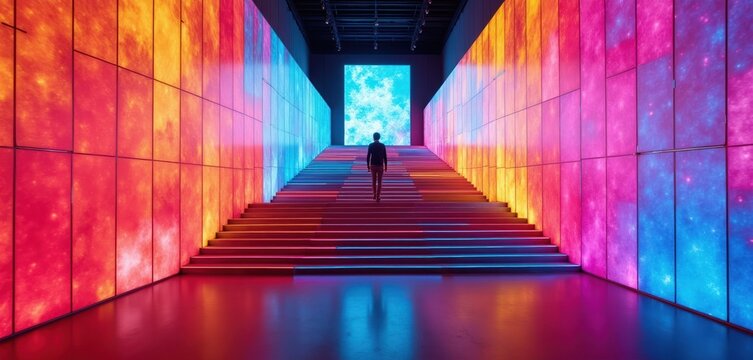 Person walks up glowing staircase in modern gallery. Illuminated walls display colorful digital art patterns. Abstract light installation provides vibrant visual experience.