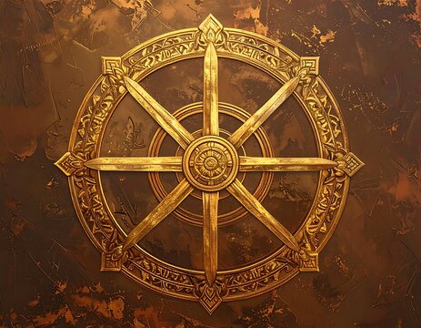 Ancient golden dharmachakra symbol art.