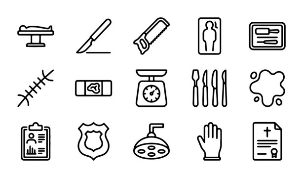 Medical Icons Set: Surgical Tools, Anatomy, Forensics, Healthcare Diagnostics, and Hospital Equipment Vector Graphics