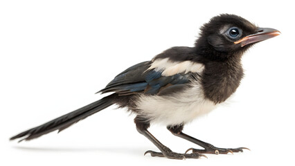 Fototapeta premium Adorable Baby Magpie With Long Tail Bright Eyes 