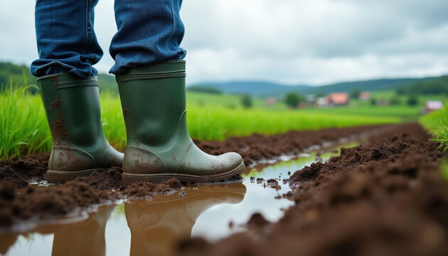 Farmer stands in muddy field wearing green rubber boots. Fresh green grass and distant houses show rural landscape. Wet earth reflects cloudy sky.