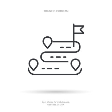 Minimal training program icon with route map. location pins and flag for learning path. course plan. education journey. coaching. progress and web interface vector design