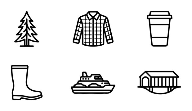 Outdoor Adventure Icons: Tree, Flannel Shirt, Coffee Cup, Boot, Boat, Covered Bridge Vector Set