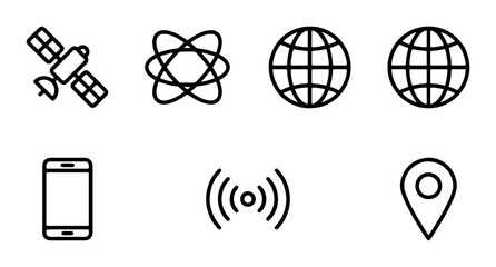 Global Communication and Navigation Icons: Satellite, Orbit, Earth Globe, Smartphone, Wi-Fi Signal, Location Pin © Murad