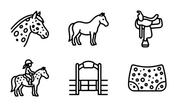 Horse Icons Set: Equestrian Lifestyle, Ranch Elements, Animal Graphics, Saddle, Rider, Farm Gate, Blanket, Vector Art