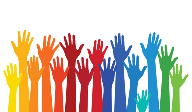 Colorful Raised Hands Illustration with Community Support Diversity and Volunteer Symbols for Social Graphic Design Projects