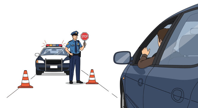 Police officer stopping driver at road checkpoint with traffic cones